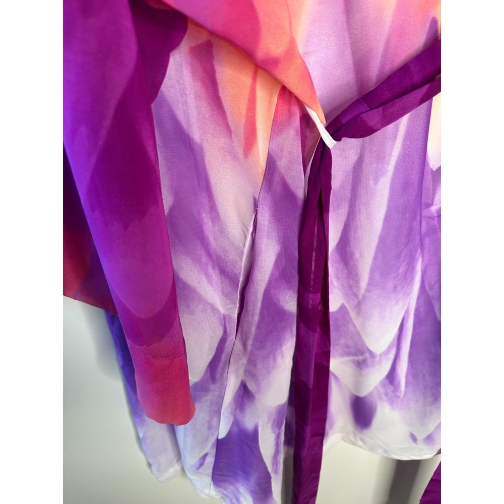 Natori Floral Watercolor Sheer Chiffon Kimono Robe Purple Tie Pockets Medium - Picture 8 of 11